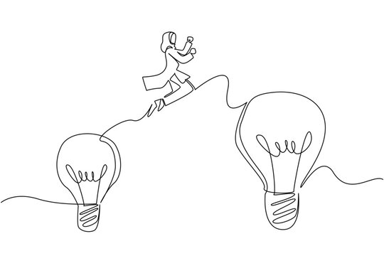 Single one line drawing Arab woman jumps from a small lightbulb to a large light bulb. A belief to move on to something better. National Creativity Day. Continuous line design graphic illustration