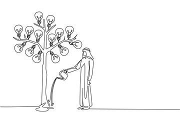 Continuous one line drawing Arab businessman waters a big tree bearing light bulbs with watering can. Good effort. Best result. National Creativity Day. Single line draw design vector illustration