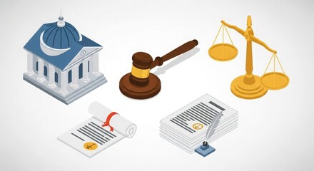 Isometric law justice legal court gavel balance building document quill illustration concept vector