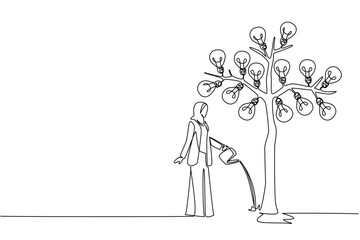 Single continuous line drawing Arab businesswoman waters a big tree bearing light bulbs with watering can. Real action to care for an idea. National Creativity Day. One line design vector illustration