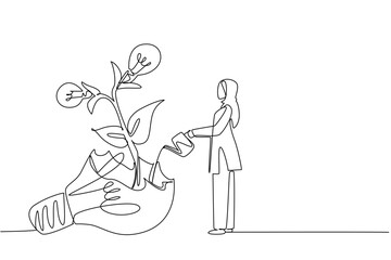 Single continuous line drawing Arab woman waters plant with lightbulb fruit growing from inside broken lightbulb. The wisdom of failure. National Creativity Day. One line design vector illustration