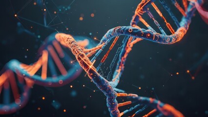 Illustrative DNA strand with a glowing orange-blue helix, abstract background