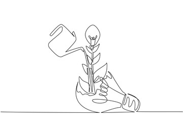 Single one line drawing watering plant bearing fruit lightbulb growing from a broken lightbulb. An effort to maintain a mindset. National Creativity Day. Continuous line design graphic illustration