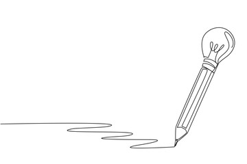 Single continuous line drawing a pencil with a bulb lamp tip. Write a creation to add creativity. Trying to sharpen logic. Smart. Genius. National Creativity Day. One line design vector illustration