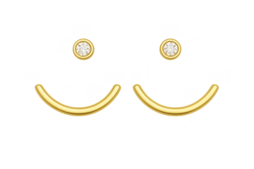 Gold stud earrings and smile-shaped bars forming a happy face emoticon, isolated.