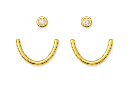 Golden smiley face emoji with sparkling diamond eyes, isolated on transparent background.
