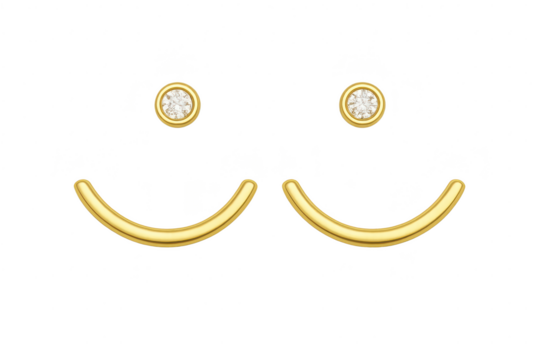 Gold stud earrings and smile-shaped bars forming a happy face emoticon, isolated.