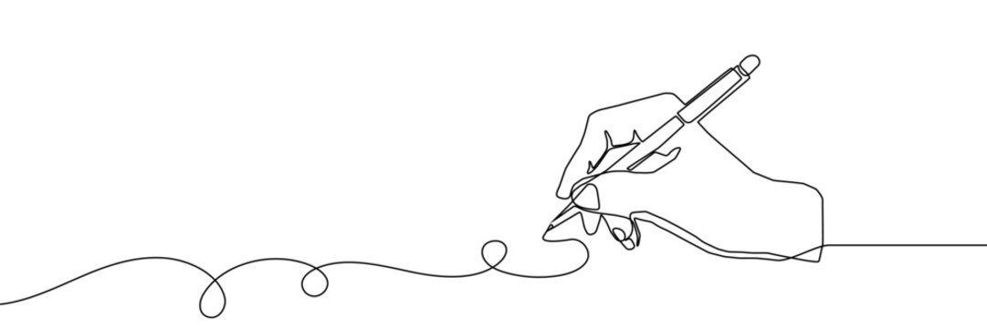 Continuous one line pen hand pencil write one art icon book journal sketch. Sign line pen hand vector signature letter notebook person background contract document single legal white school paper