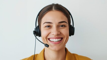 Headshot of a smiling customer service representative wearing a headset against a plain white background showcasing professionalism and approachability in a customer support role.