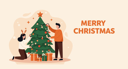 Merry Christmas tree with gifts and snow, they are decorating the Christmas tree