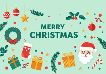 Vector cartoon set of Christmas and winter holiday elements including a Santa Claus, tree, gift box