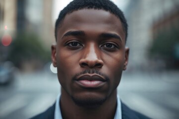 Fototapeta premium Close up portrait of a serious young African American man with a strong expression in urban outdoor setting looking directly at the camera headshot in a professional context