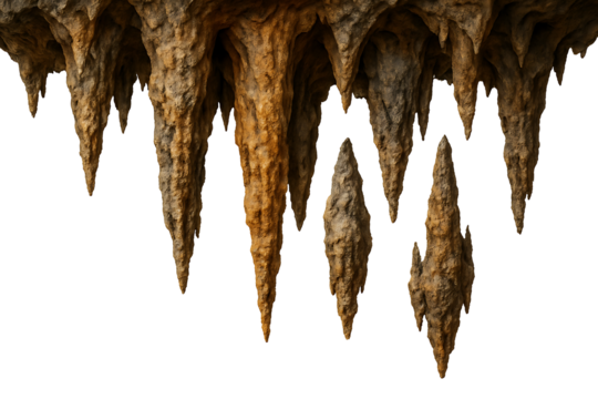 Brown and orange cave stalactites hanging from ceiling isolated on transparent background