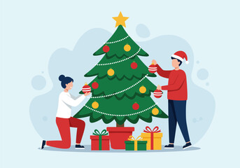 They are decorating the Christmas tree, vector illustration