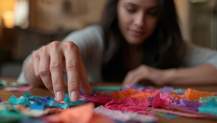 Fototapeta premium Woman selecting colorful tissue paper scraps from a wooden table in an interior setting demonstrating artistic creativity and design process.