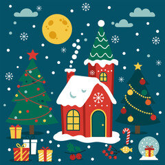 Christmas night in the winter season, vector illustration