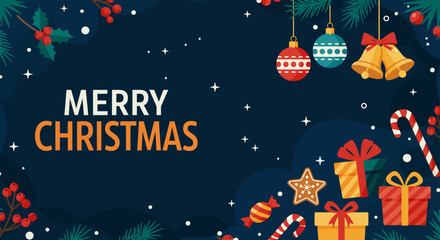 Merry Christmas holiday greeting design with winter snow, decorated tree, and colorful vector giftbox and stars illustration