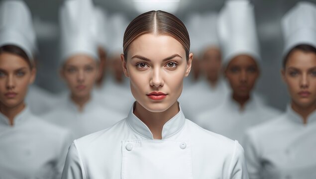 Portrait of a confident female chef with straight hair and serious expression standing in front of other chefs in white uniforms and hats in a professional kitchen atmosphere - Powered by Adobe