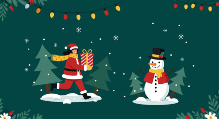 Santa Claus and snowman in a christmas night, vector illustration