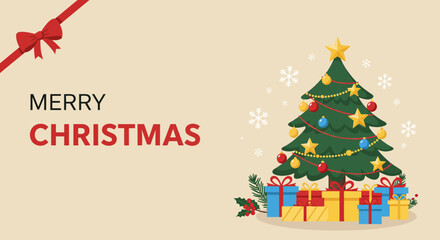 A vibrant Christmas vector illustration with a decorated green fir tree, gifts, and a snow, perfect for a winter holiday greeting design