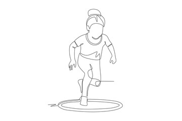 Little girl playing hoop jumping. Children playing concept one-line drawing