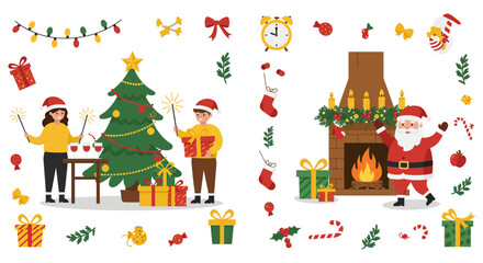 Cartoon set of Christmas design with Santa Claus hat, tree, snowman, star, gift box, and snowflake illustration for winter holiday celebration design