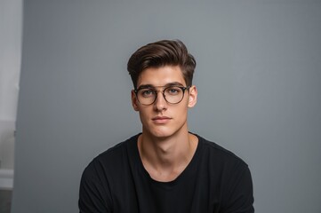Fototapeta premium Young man with styled hair wearing glasses on his head, looking directly at the camera against a plain grey background, showcasing a casual and confident expression.