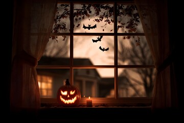 Trick-or-treaters in costumes walking down spooky street