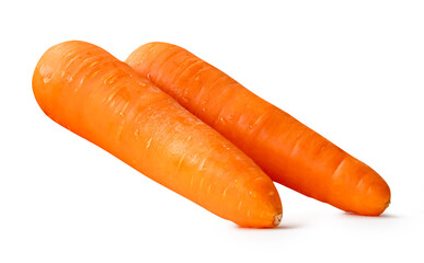 Side view of two fresh orange carrot roots in stack isolated on white background with clipping path