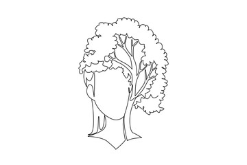 Single continuous line drawing face stuck to a tree trunk with shady leaves and thick roots. The art of carving plants that resemble humans. Symbol. Tree Concept. One line design vector illustration