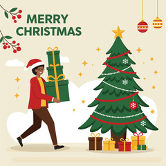 Festive Christmas tree with colorful gifts, decorations, and a star on top, celebrating the winter holiday