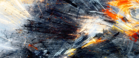 Bright splashes on grey grainy background. Abstract color pattern. Dark texture with flame. Fractal artwork for creative graphic design