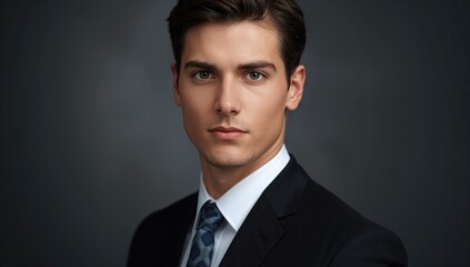 Professional portrait of a young businessman with a focused expression wearing a suit and tie against a dark background. Soft lighting highlights facial features.