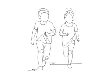 Two children playing running around. Children playing concept one-line drawing