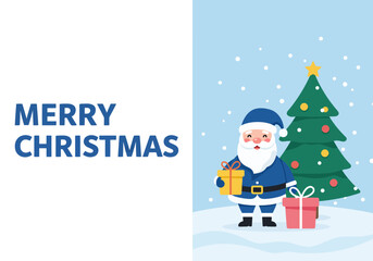 Merry Christmas design featuring a cartoon christmas tree and Santa Claus under a winter tree
