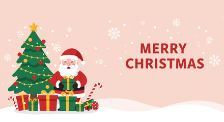 Happy Santa Claus cartoon vector illustration Christmas design with holiday decoration and a gift under a tree in the snowy winter