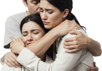 Three people embracing tightly two women crying one man comforting them with a hug Sadness Grief Support Empathy Embrace Woman Emotion Sad Upset Tears