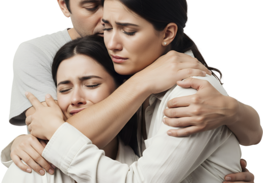 Three people embracing tightly two women crying one man comforting them with a hug Sadness Grief Support Empathy Embrace Woman Emotion Sad Upset Tears - Powered by Adobe