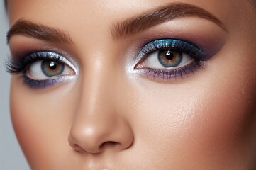 Obraz premium Close-up of a woman's face highlighting detailed eye makeup featuring shimmery blue and purple shades with bold eyelashes and perfectly shaped eyebrows.