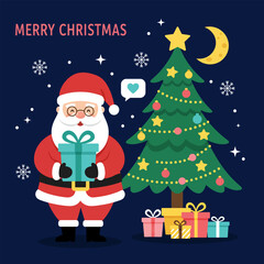 Merry Christmas design with a cartoon Santa Claus carrying gifts and standing by a decorated tree in the snow