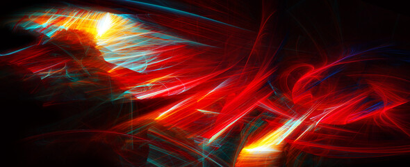 Red technology background with motion neon light effect. Abstract dynamic lines on black.