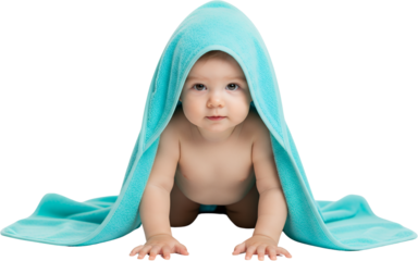 A Cute Baby Boy Wearing A Bright Teal Hooded Towel Peeking Out And Crawling Forward Against A Stark Transparent Background Toddler Infant Child Studio Shot Innocence