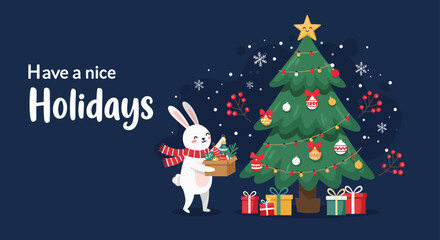 Merry Christmas holiday design with cartoon rabit and gift under a winter snow-covered tree illustration