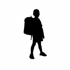 Silhouette of a young boy carrying a schoolbag isolated on white background