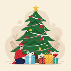A green Christmas tree with gift boxes, festive decoration, and a golden star is a perfect holiday illustration