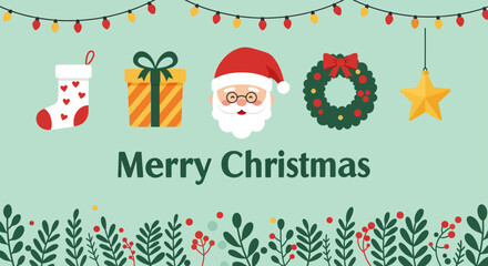 Fototapeta premium Cartoon vector illustration a Christmas banner with Santa, gifts, and a background of snow and a holiday tree