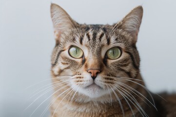 Obraz premium Close-up of a domestic cat with striking green eyes gazing directly at the camera, showcasing its detailed fur pattern and whiskers against a soft background.