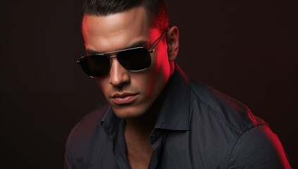 Obraz premium Man wearing dark shirt and sunglasses looking directly at camera with dramatic red lighting and shadows creating a stylish and bold atmosphere