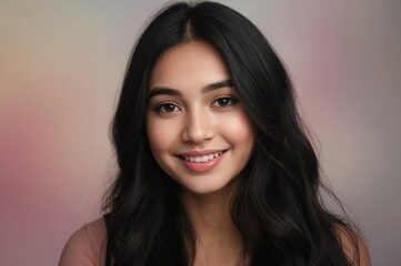 Fototapeta premium Close-up portrait of a young woman with long black hair and a bright smile against a softly blurred pastel background, conveying warmth and positivity.