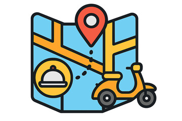 Naklejka premium Map with delivery scooter and food icon in modern flat design food delivery map